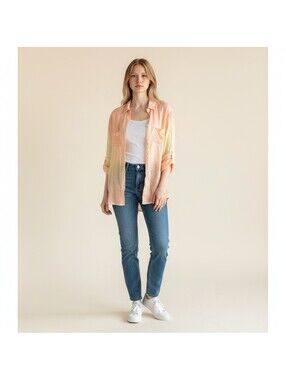 BLL Shirt Women L Large Pink Tie Dye Button Up Collared Long Sleeve Pockets